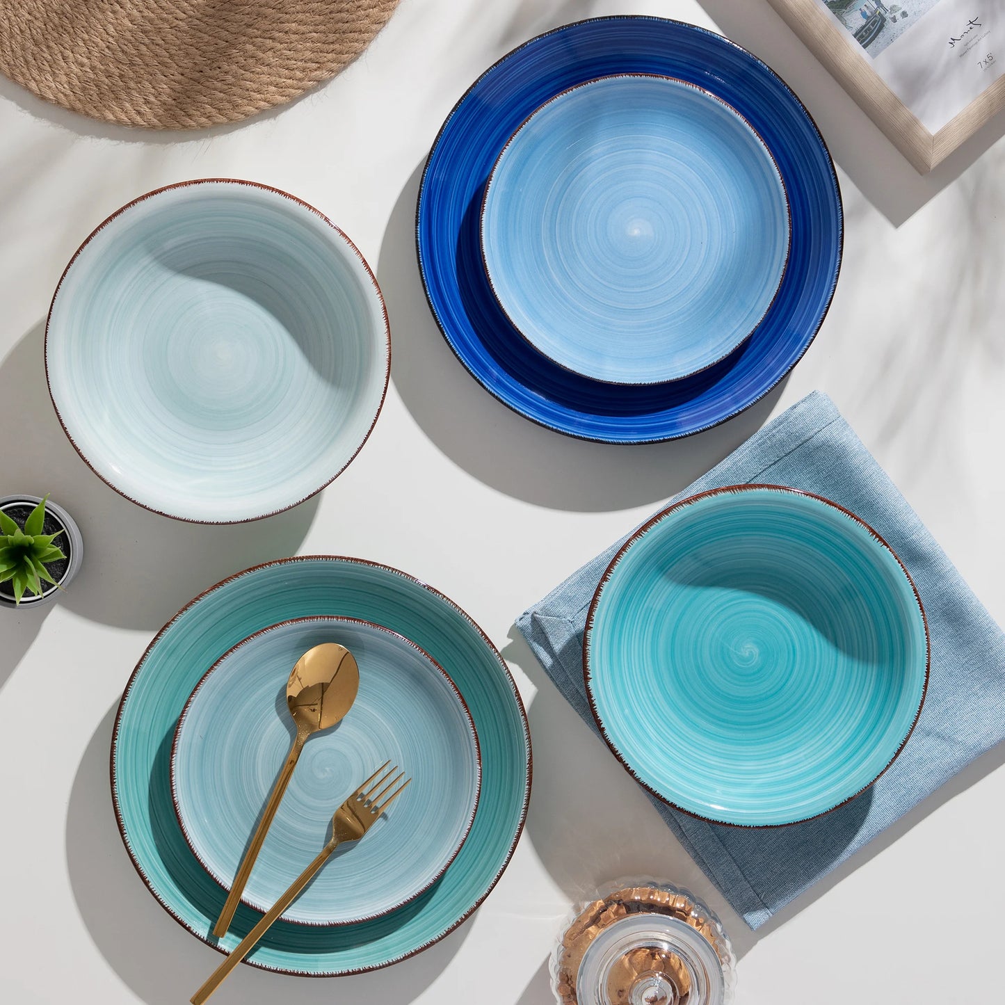Vancasso BONITA Blue 18/36 Piece Dinnerware Set of Dinner plates, Soup Plates, Dessert Plates Earthenware Service for 12 People