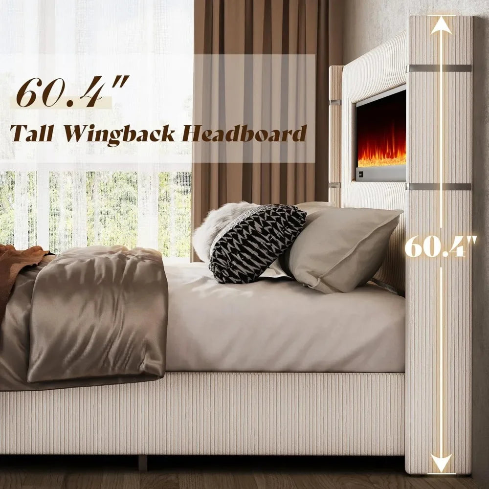 Hign-concerned Wingback Bed Frame with Fireplace and Wooden Slats