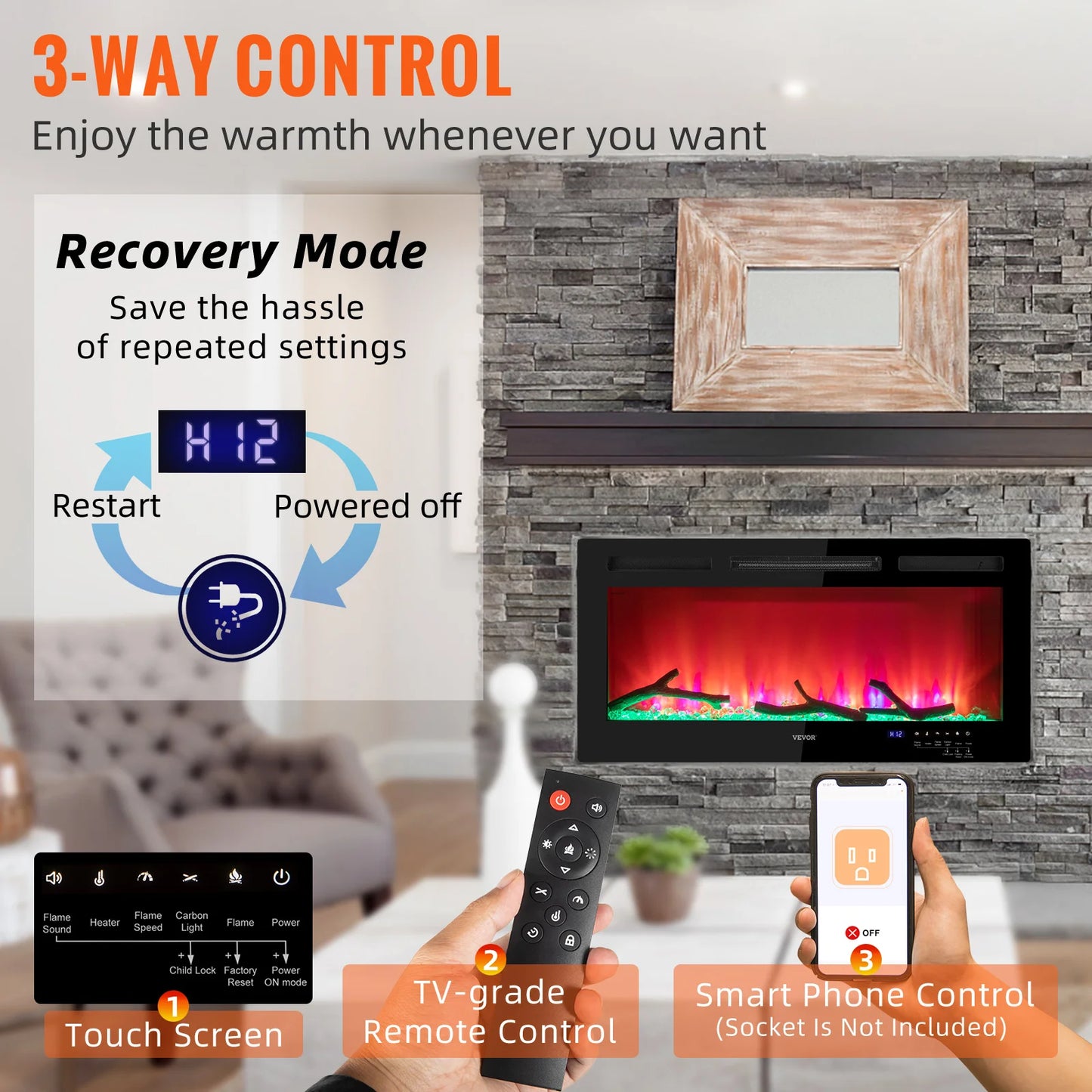 VEVOR 1500W Electric Fireplace Recessed Wall Mount Heater