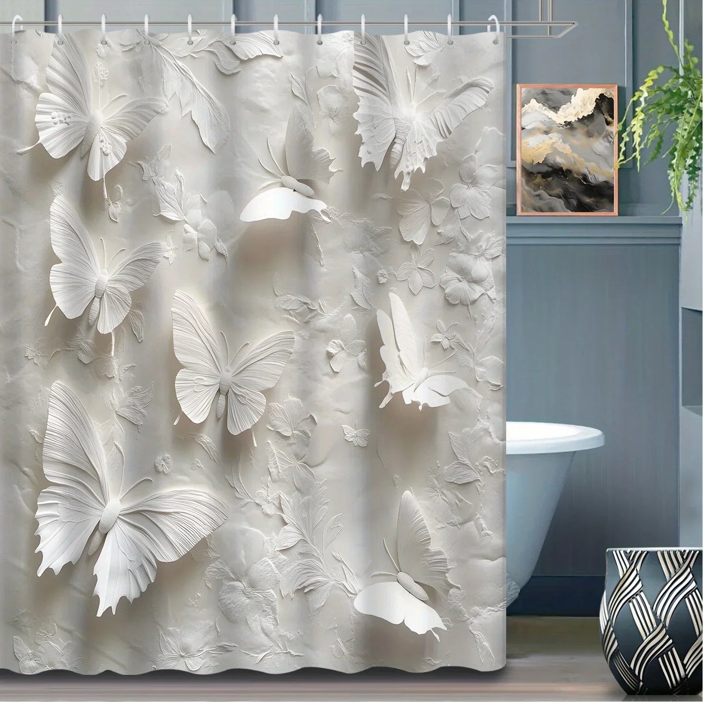 Open 1pc White Theme Modern Butterfly Shower Curtain, Decorative Printed Bath Screen with Hooks Included, Bathroom Accessories
