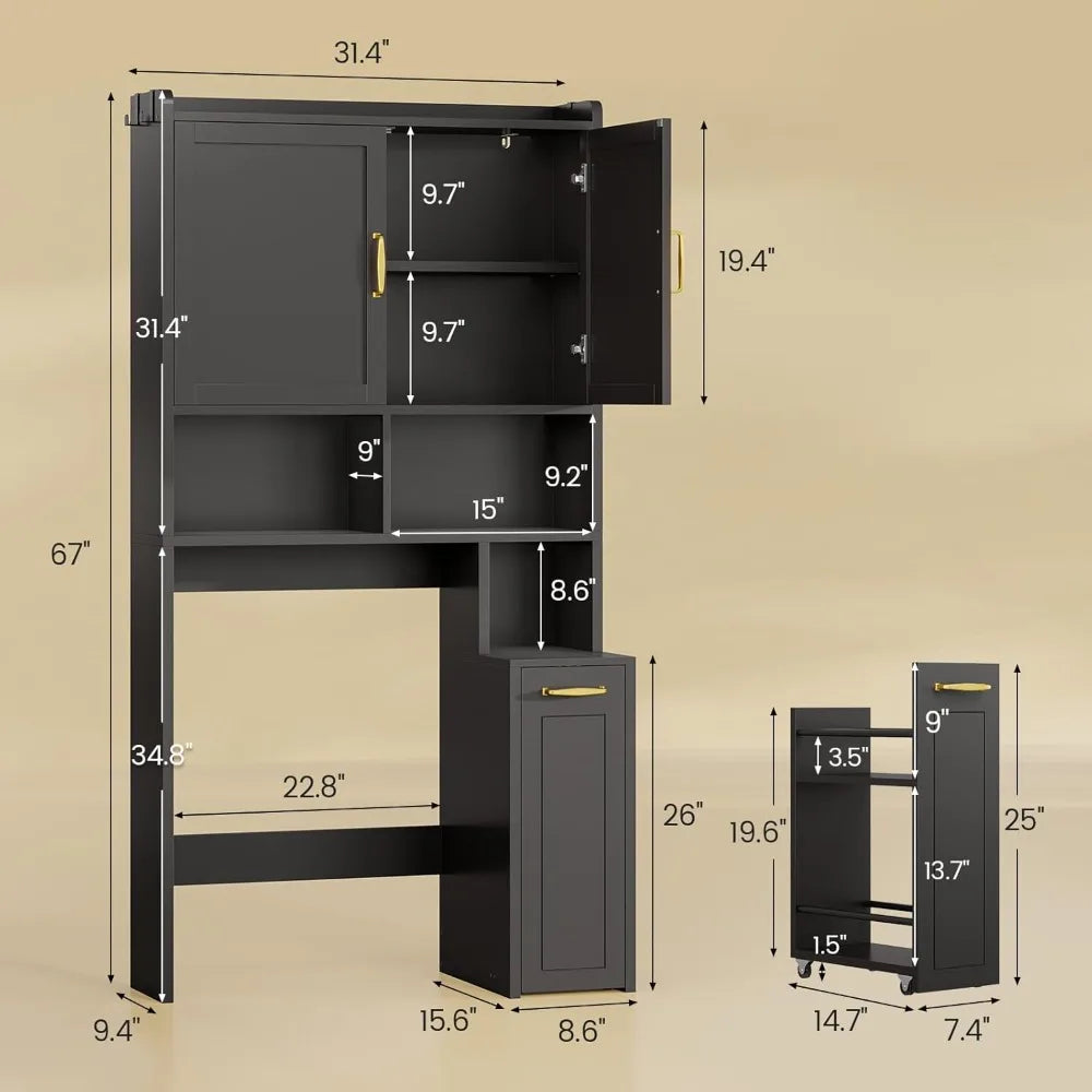 Over The Toilet Storage Cabinet with Pulley, Space Saver W/Adjustable Shelf & Open Shelf for Bathroom, Restroom&Laundry
