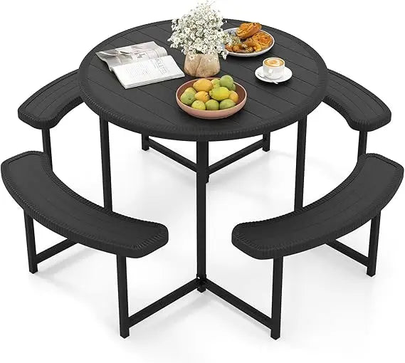 HDPE Outdoor Round Table And Bench Set With Umbrella Hole