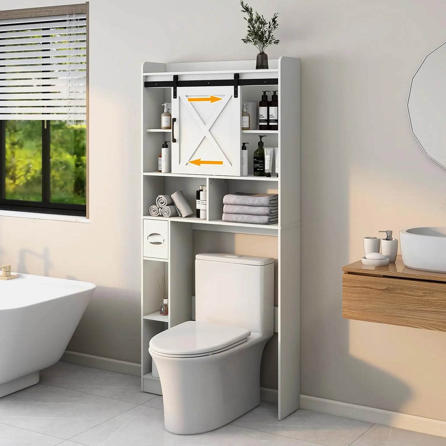 Vabches Over the Toilet Storage Cabinet Farmhouse Bathroom Organizer with Sliding Door & Toilet Paper Holder Wooden Toilet Rack