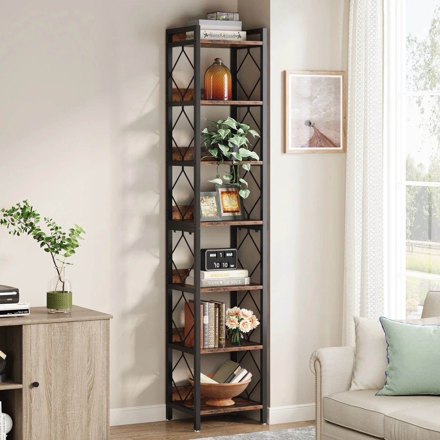 Tribesigns 7-Tier Skinny Bookshelf For Small Spaces Freestanding Display Organization