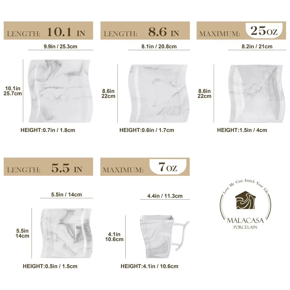 MALACASA FLORA Marble Porcelain Dinnerware Set 30 Piece Tableware with 6PCS Dinner Plate Dessert Plate Soup Plate Cups