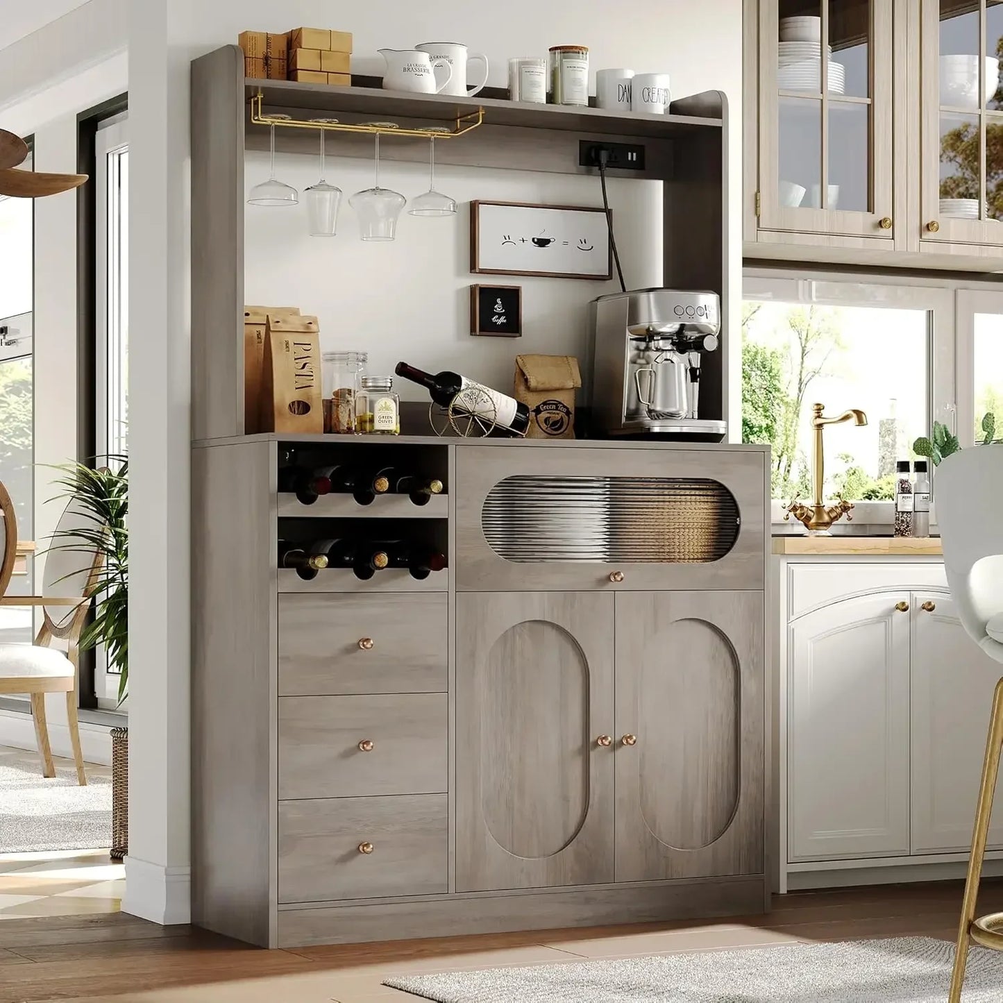 Charge Unit Kitchen Pantry Cabinet With Hutch And Wine Racks