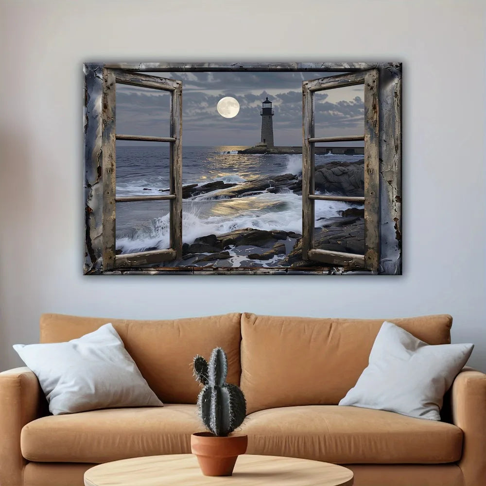 Hign Concerned Coastal Lighthouse Beach Scene Wall Art