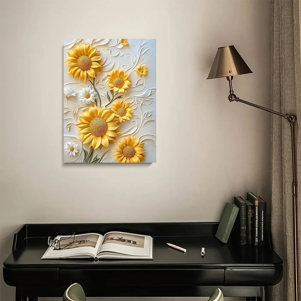 Hign Concerned 3D Relief Sunflower Canvas Art Wood Frame
