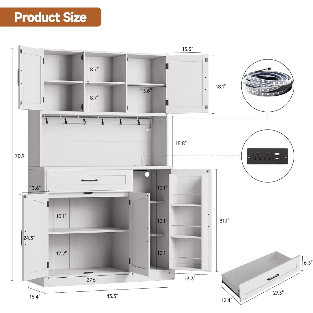 Pantry Cabinet With LED Light Outlet Microwave Shelf