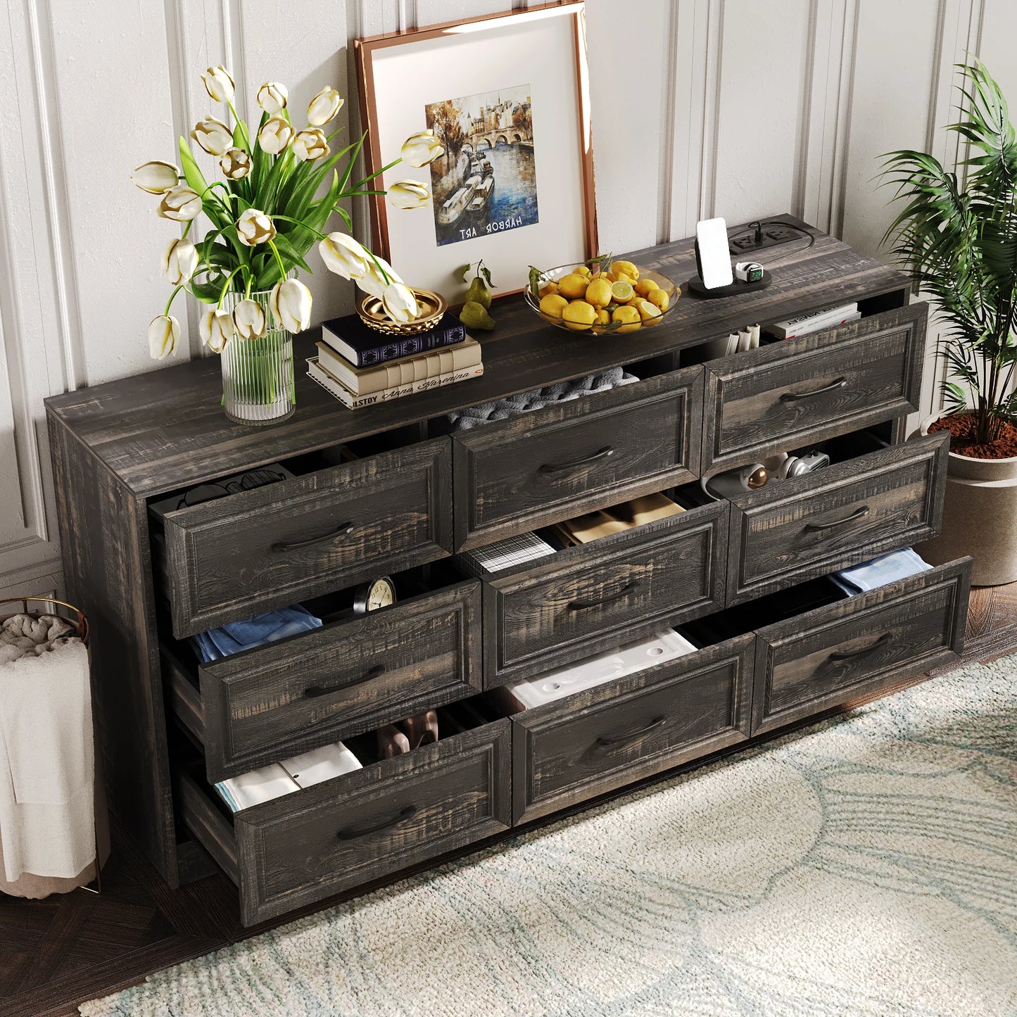 Vabches Wood Dresser for Bedroom 9 Drawer Dresser with Power Outlet&Metal Handles Chest of Drawers Storage Organizer for Hallway