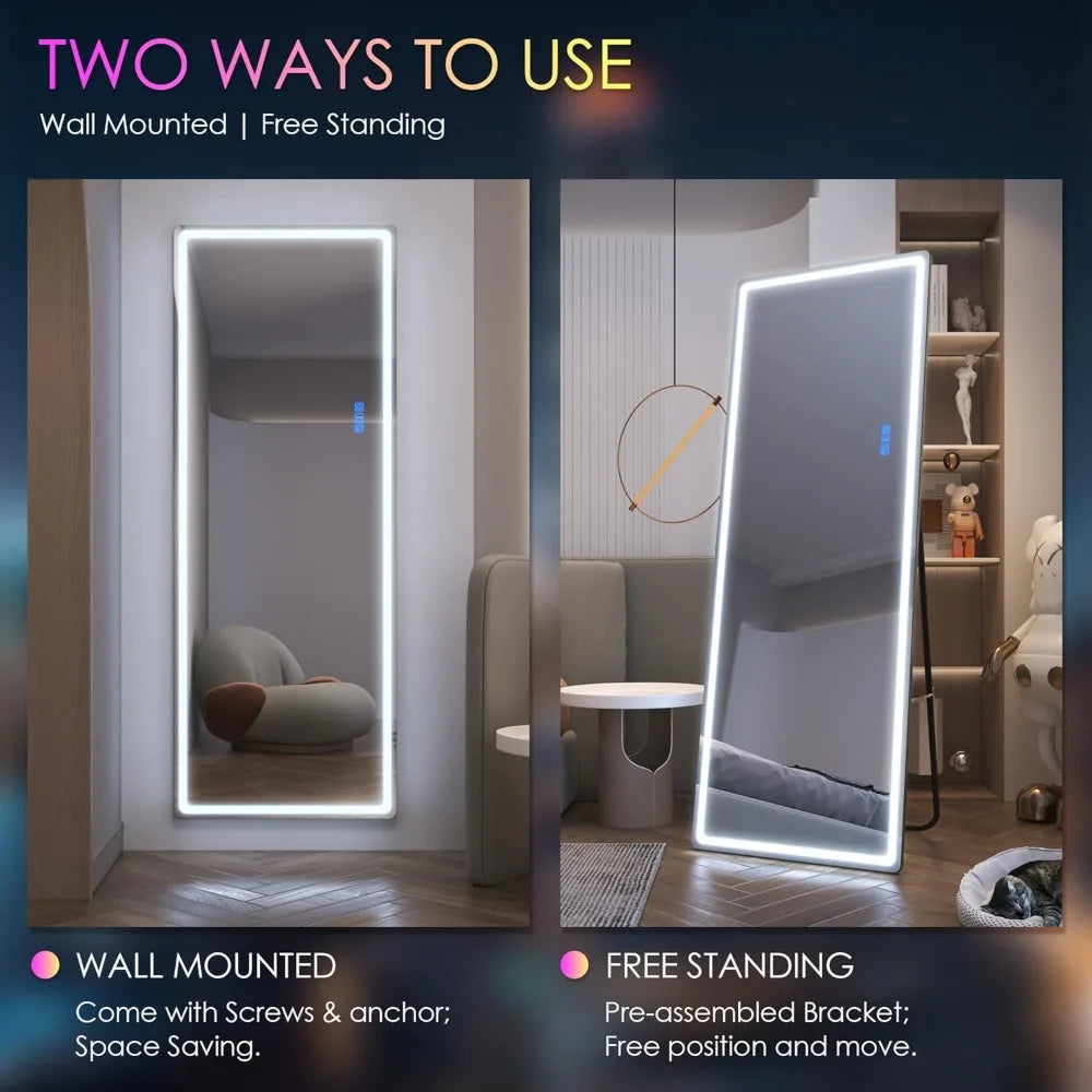 RGB LED Mirror, Full Length Mirror with Lights, 63 X 22 Floor Standing Mirror, Wall Mount Full Body Lighted Mirror, Stand