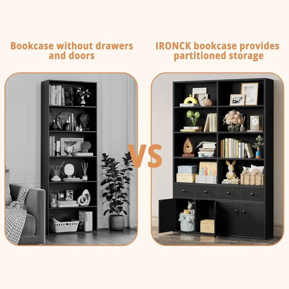 IRONCK Bookcase With Drawers And Doors 6-Tier Floor Display Shelf