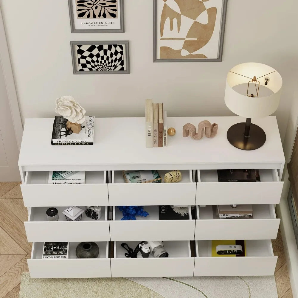 9 Drawers Double Dresser, Modern Wood Dresser Chest of Drawers with Large Storage Space for Bedroom, White (63”L x 15.7”W x 31.