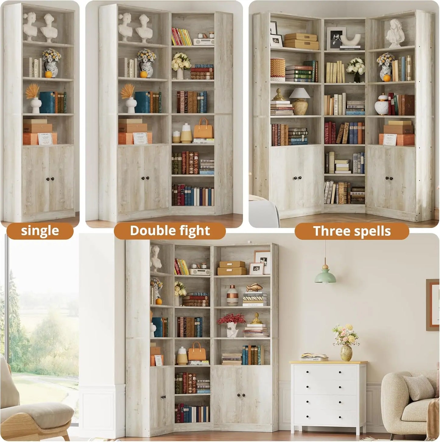IRONCK Corner Bookcase And Two-Storage-Cabinet Unit With Seven-Tier Shelves System