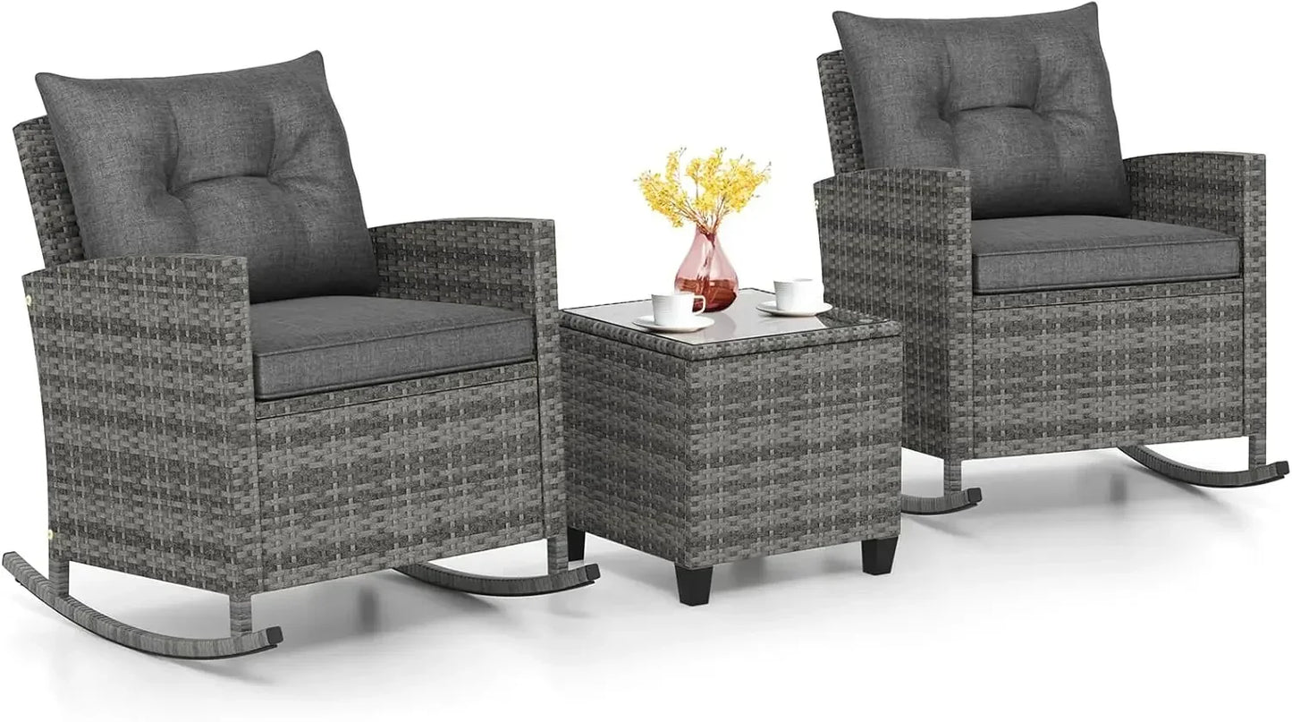 Angduo 3 Piece Patio Rocking Bistro Set Wicker Chairs