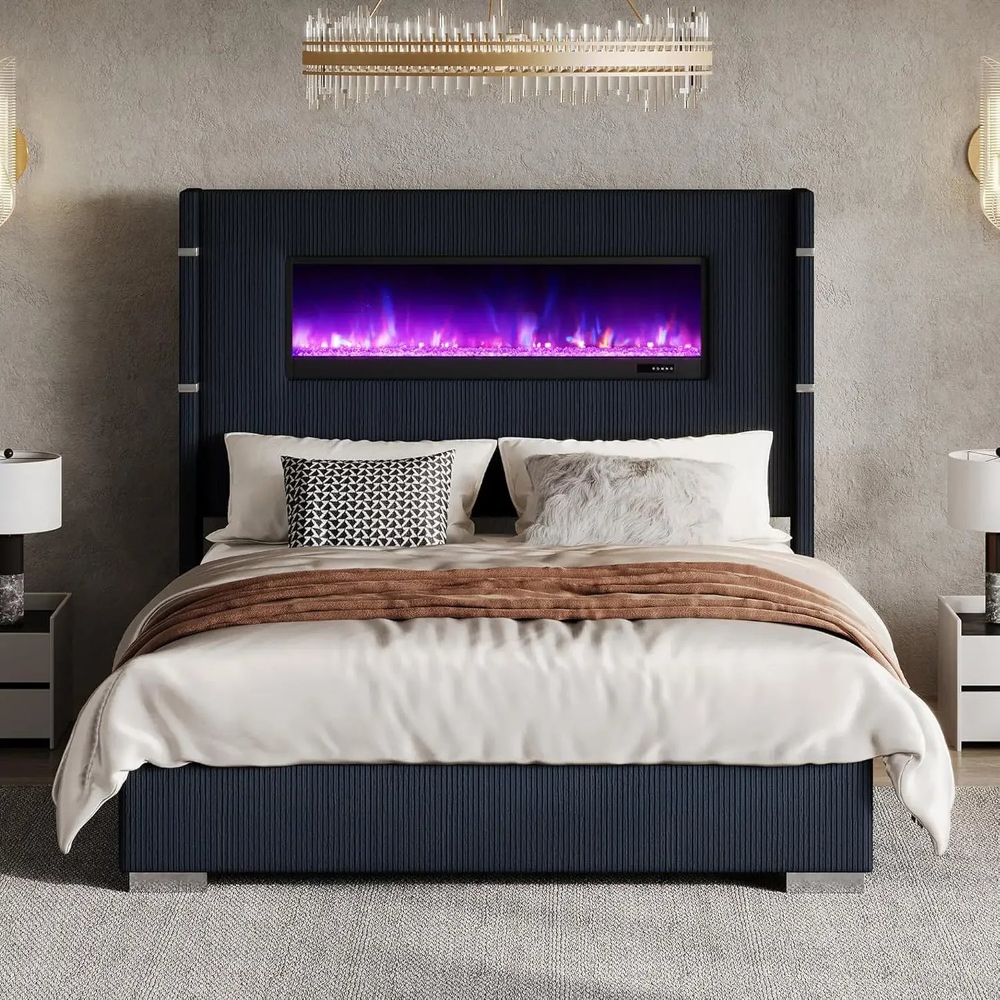 Hign-concerned Wingback Bed Frame with Fireplace and Wooden Slats