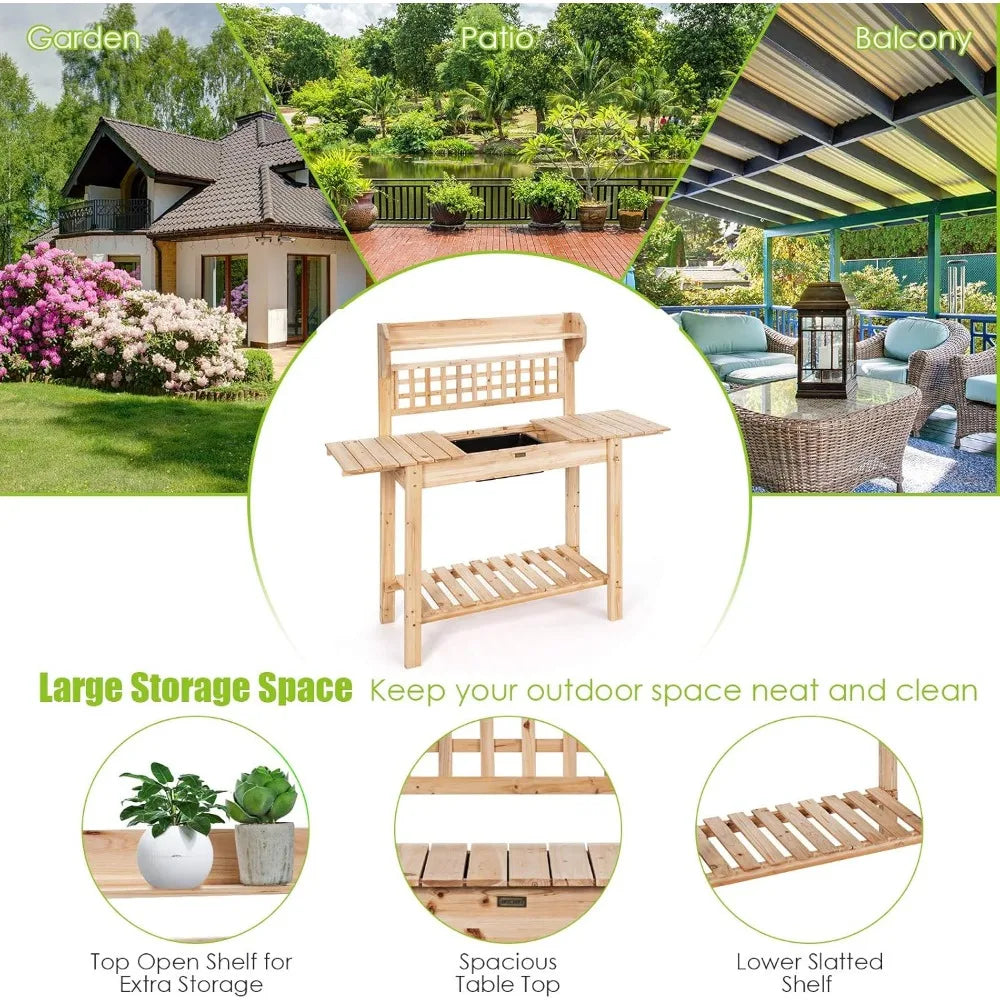Garden Potting Bench Wood Work Table With Sliding Tabletop