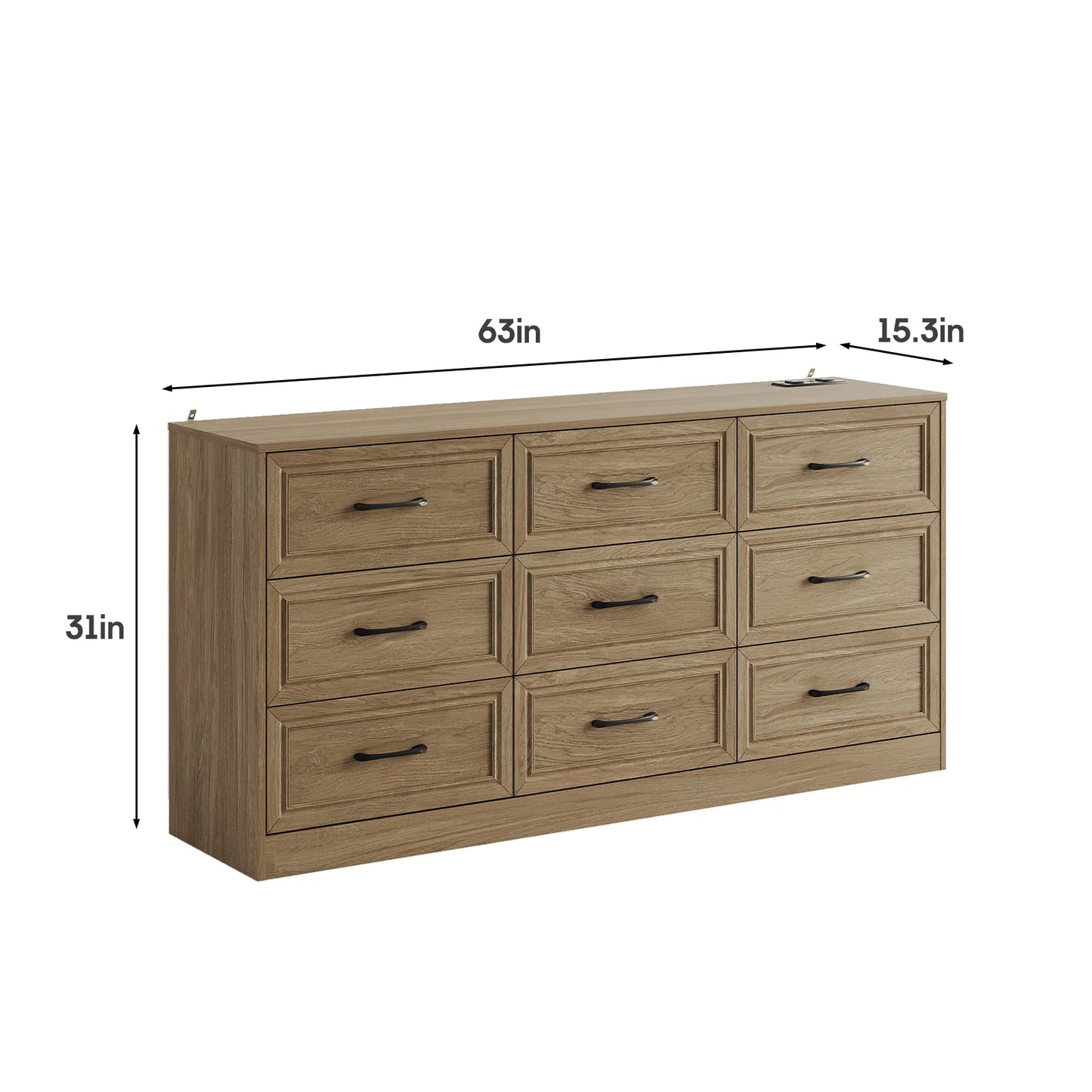Vabches Wood Dresser for Bedroom 9 Drawer Dresser with Power Outlet&Metal Handles Chest of Drawers Storage Organizer for Hallway