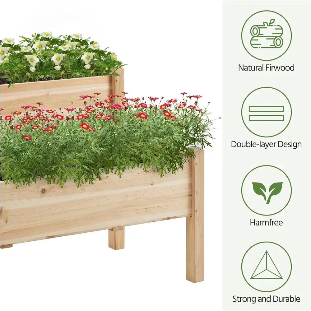 Natural Wooden Two Tier Raised Garden Bed With Legs