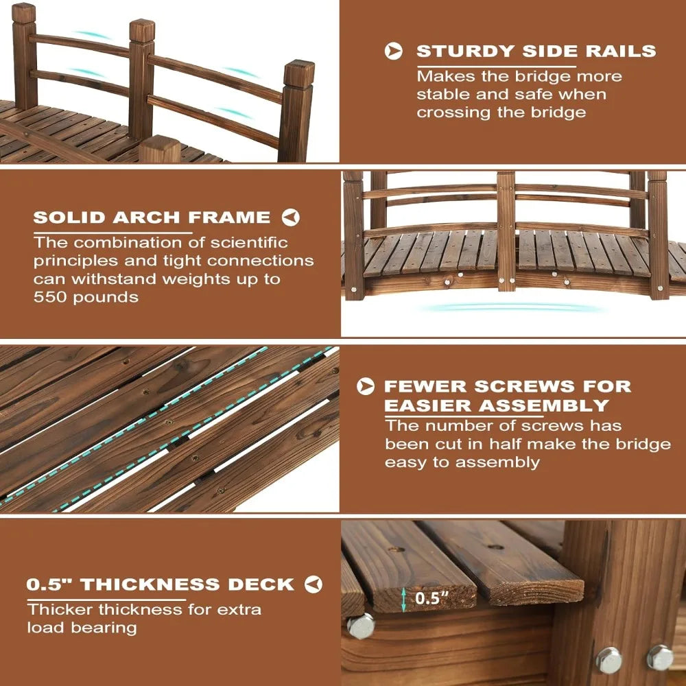 Fir Wood Garden Bridge Arc Footbridge With Safety Railings