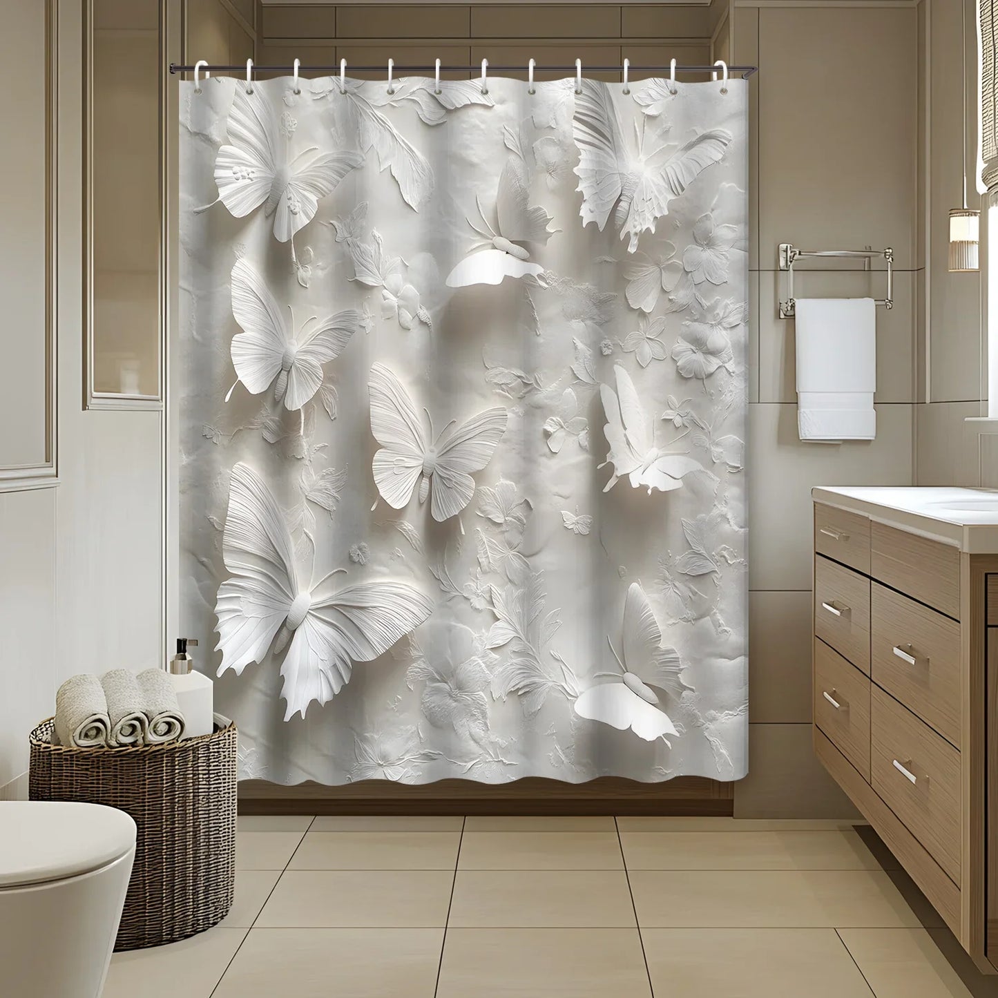 Open 1pc White Theme Modern Butterfly Shower Curtain, Decorative Printed Bath Screen with Hooks Included, Bathroom Accessories