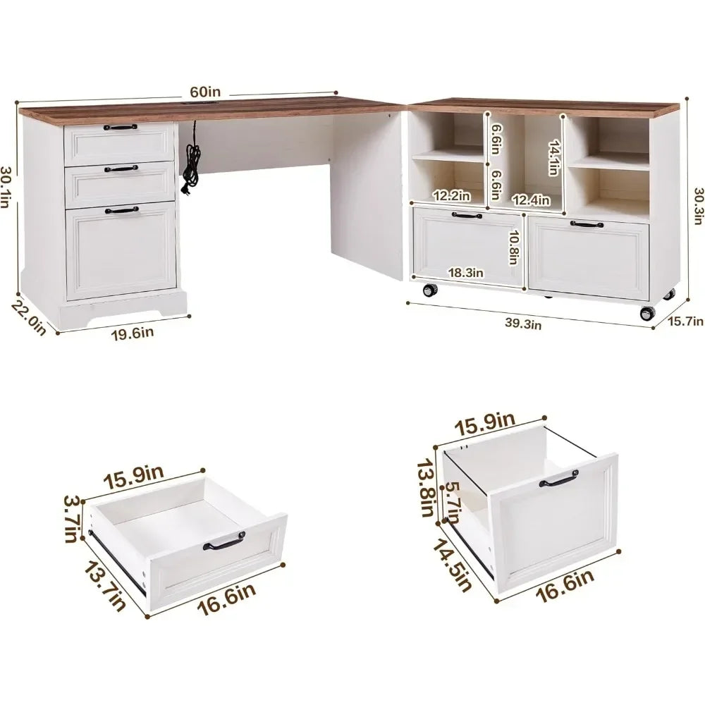 ANGDUO L Shaped Executive Desk With Adjustable File Cabinet