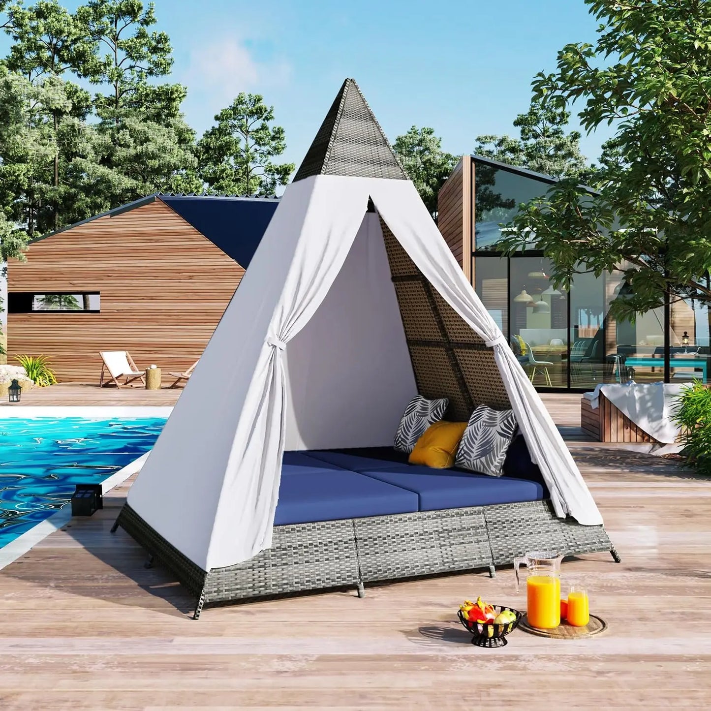 Outdoor Sunbed With Cushions And Pillows Tent Shape Daybed