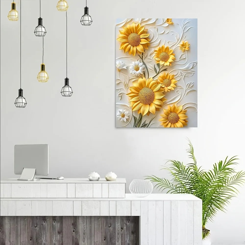 Hign Concerned 3D Relief Sunflower Canvas Art Wood Frame