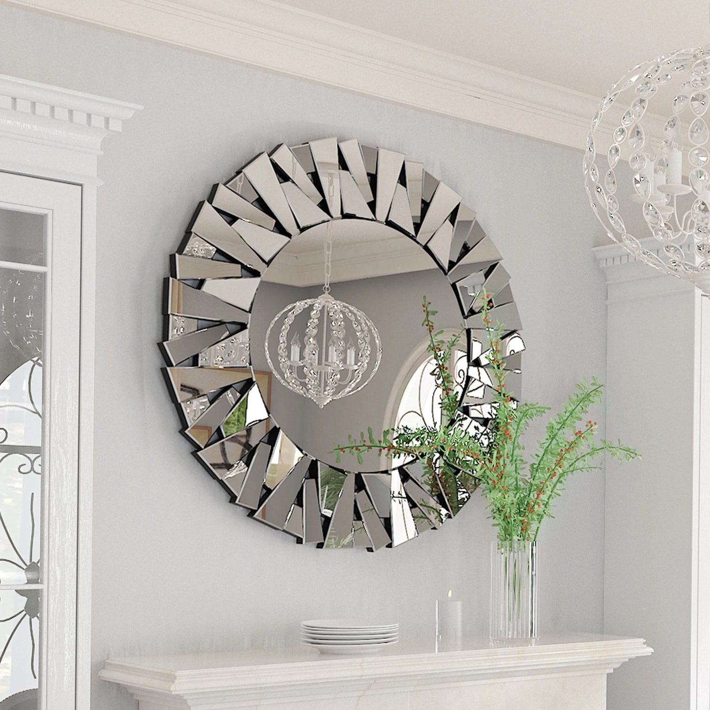 WisforHign Sunburst Round Beveled Glass Wall Mirror Decor