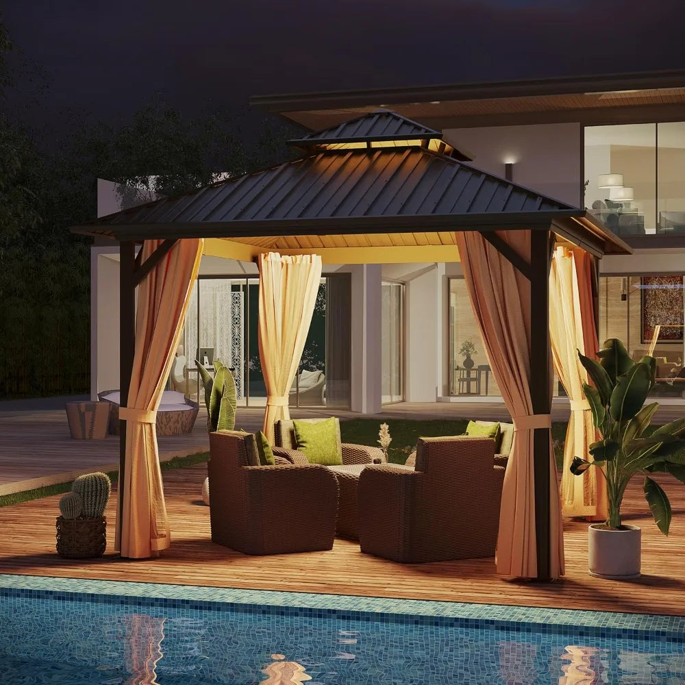 Hardtop Gazebo Aluminum Outdoor Patio With Netting Curtains