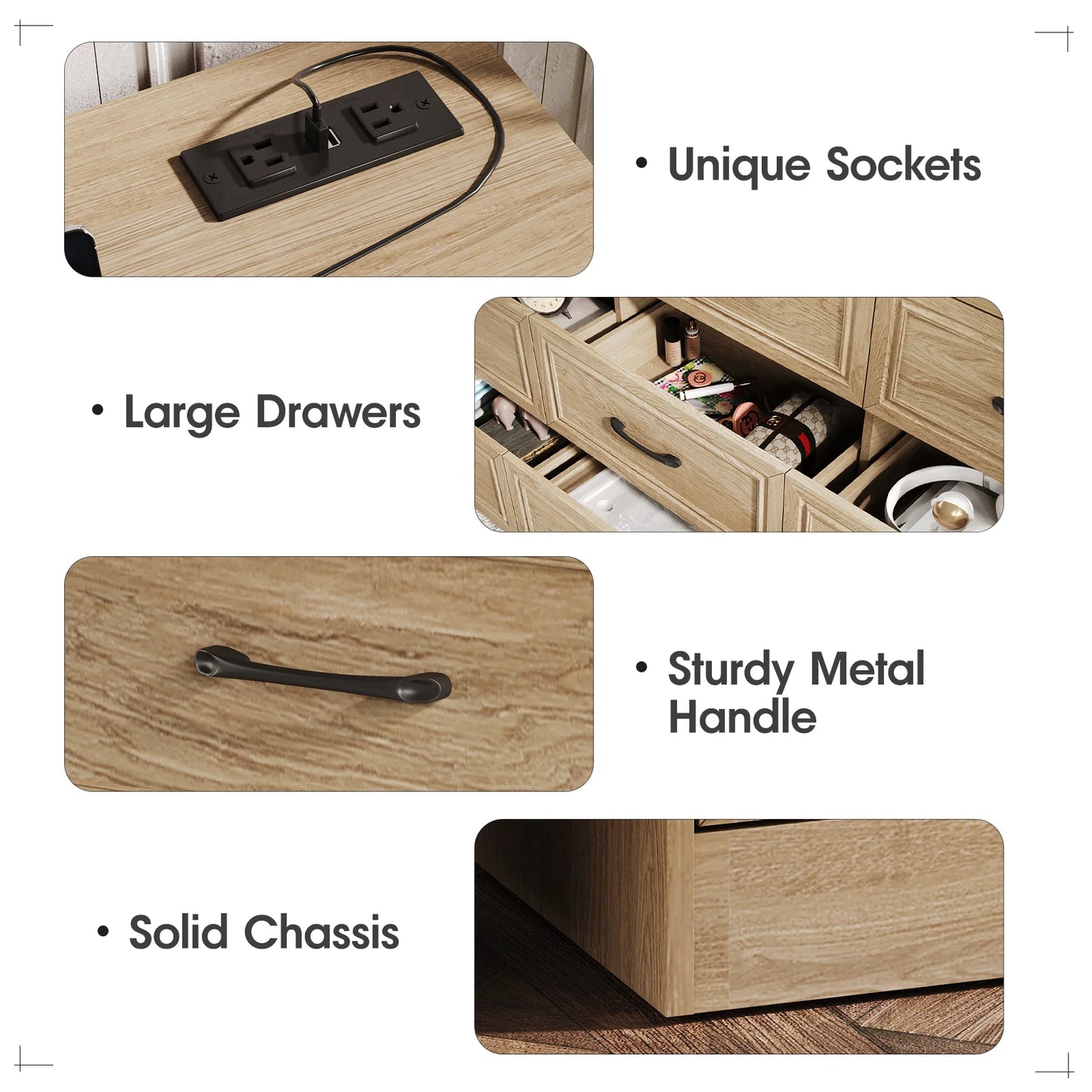 Vabches Wood Dresser for Bedroom 9 Drawer Dresser with Power Outlet&Metal Handles Chest of Drawers Storage Organizer for Hallway