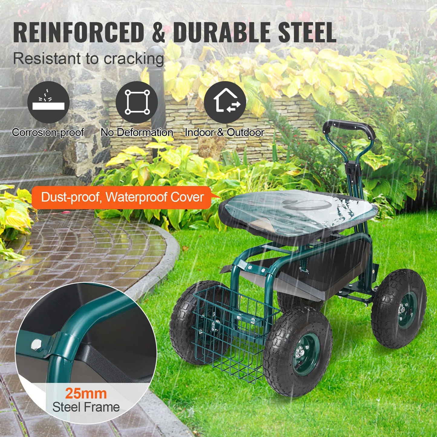 VEVOR Rolling Garden Cart With Seat And Wheels For Planting
