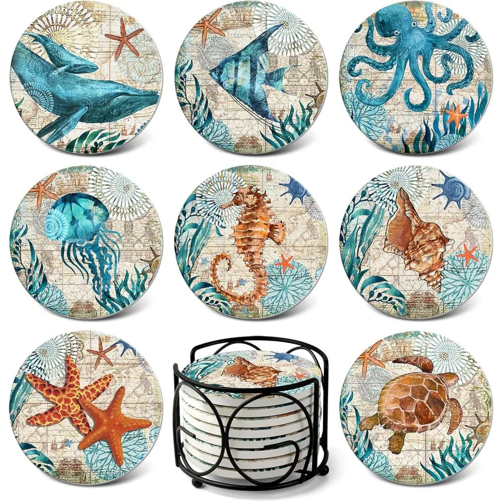 Warm Welcome Decor Absorbing Stone Ocean Coasters Set Of 8