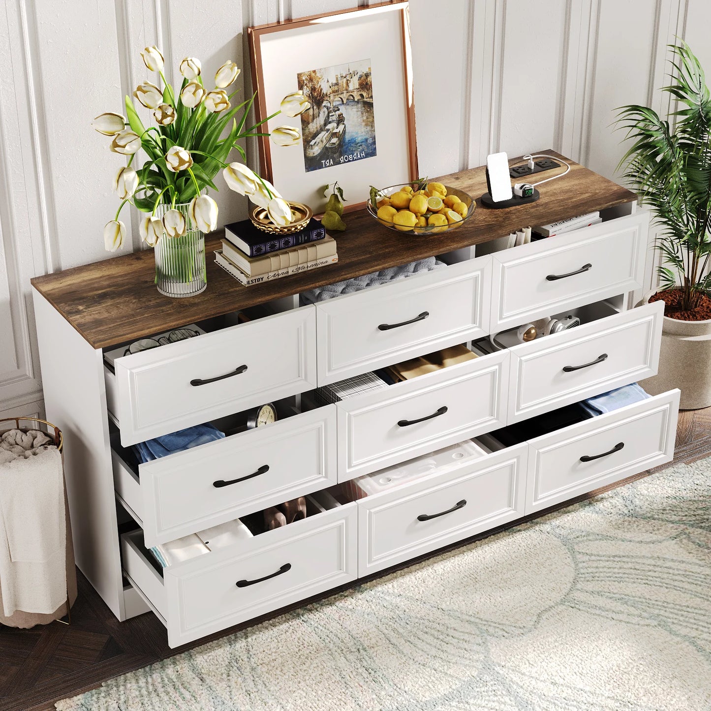 Vabches Wood Dresser for Bedroom 9 Drawer Dresser with Power Outlet&Metal Handles Chest of Drawers Storage Organizer for Hallway