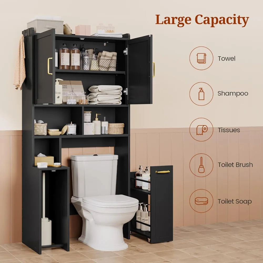 Over The Toilet Storage Cabinet with Pulley, Space Saver W/Adjustable Shelf & Open Shelf for Bathroom, Restroom&Laundry