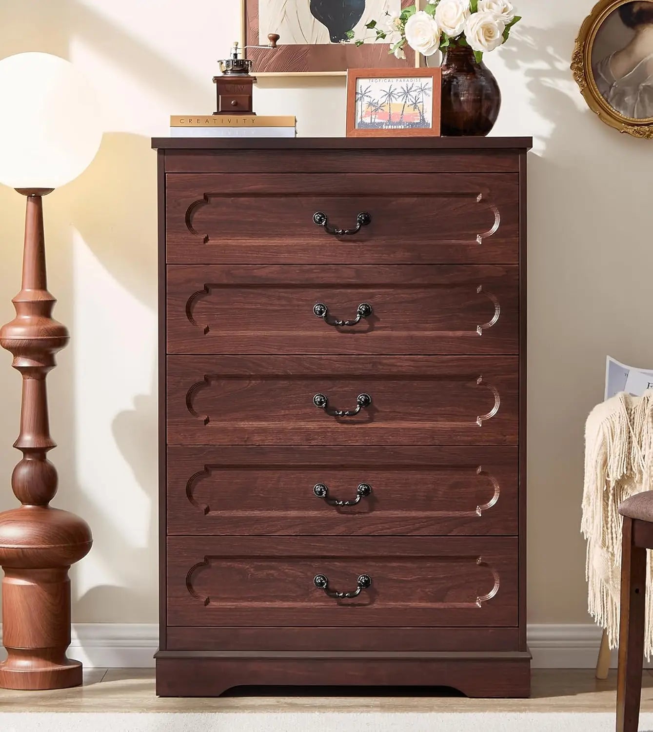 Dresser for Bedroom Farmhouse Cherry Wood Chest of Drawers for Bedroom Dresser, Rustic Wide Drawers Dressers