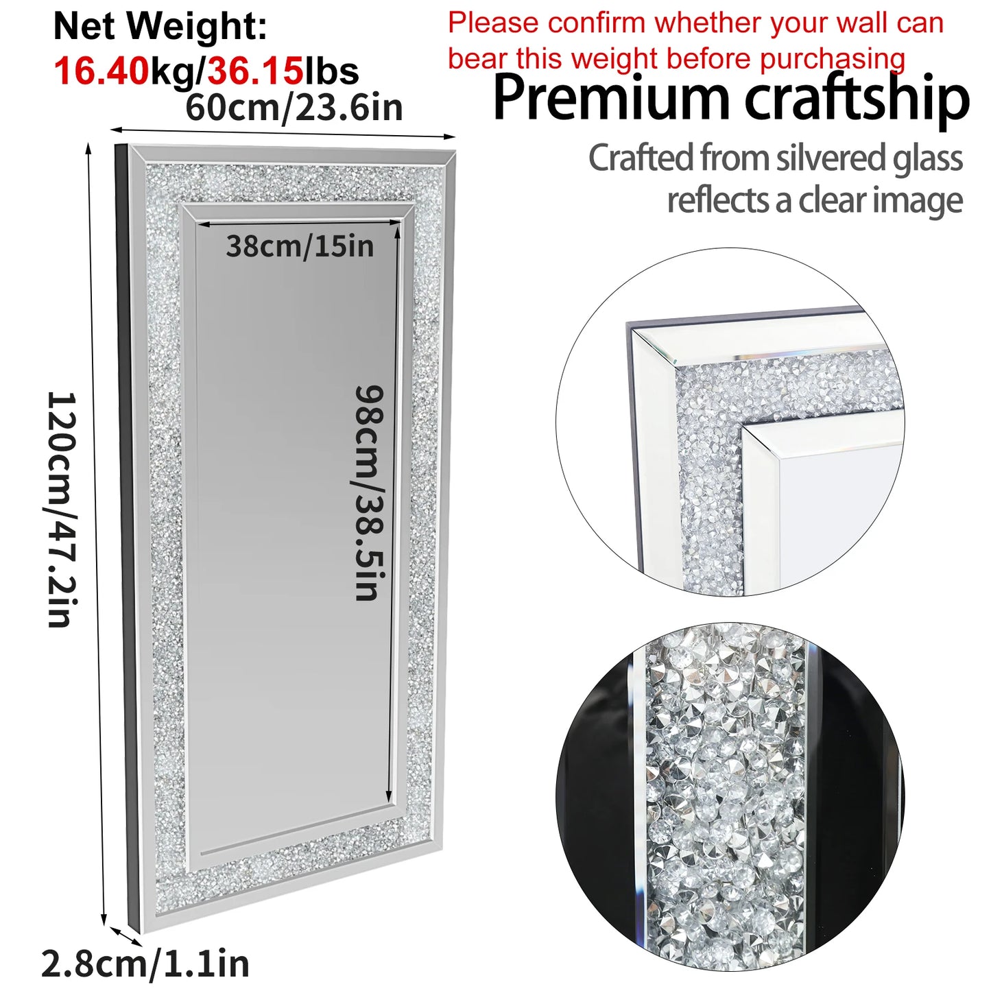 Hign Concerned Crystal Crush Diamond Wall Mirror Framed