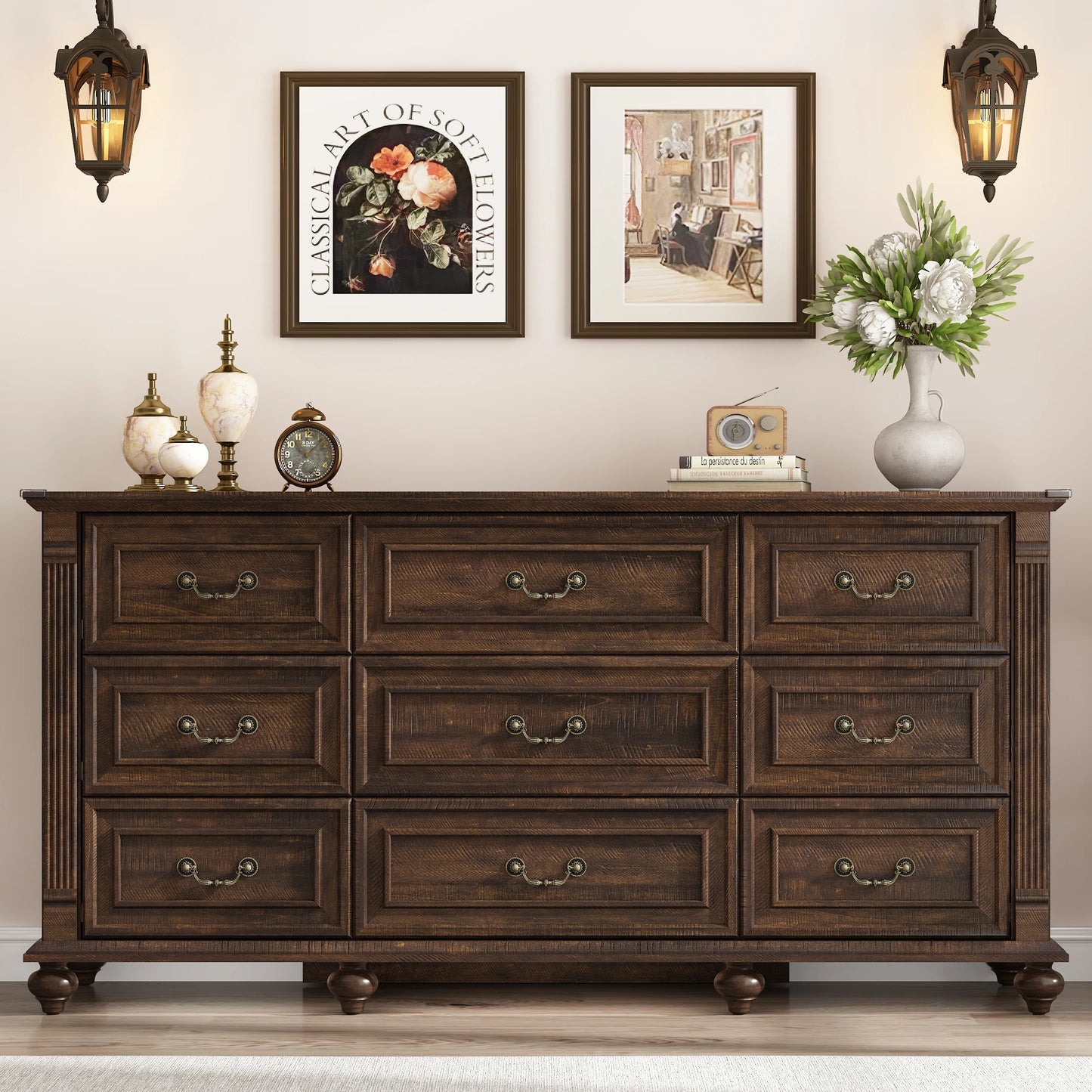 Farmhouse 9 Drawers Dresser for Bedroom with 6 Gourd Feet and Roman column decor, 63in Wide Wood Country Rustic Chest of Drawers