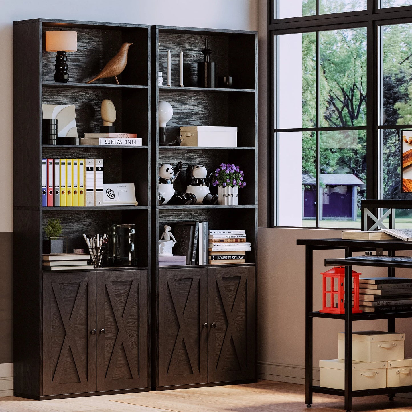 Ironck Durable Industrial Bookshelves Featuring Doors Floor Standing Six Shelves