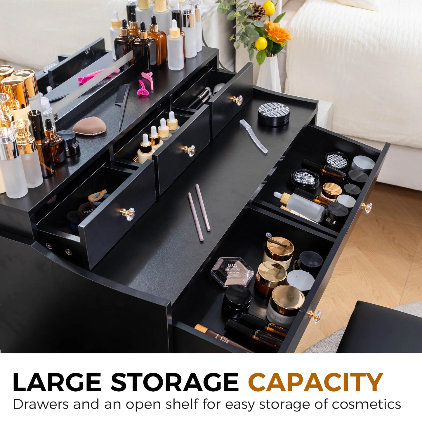Comhoma Vanity Table and Chair Set with 4 Drawers and Charging Station, Bedroom Dresser Led Mirror Stepless Dimmable