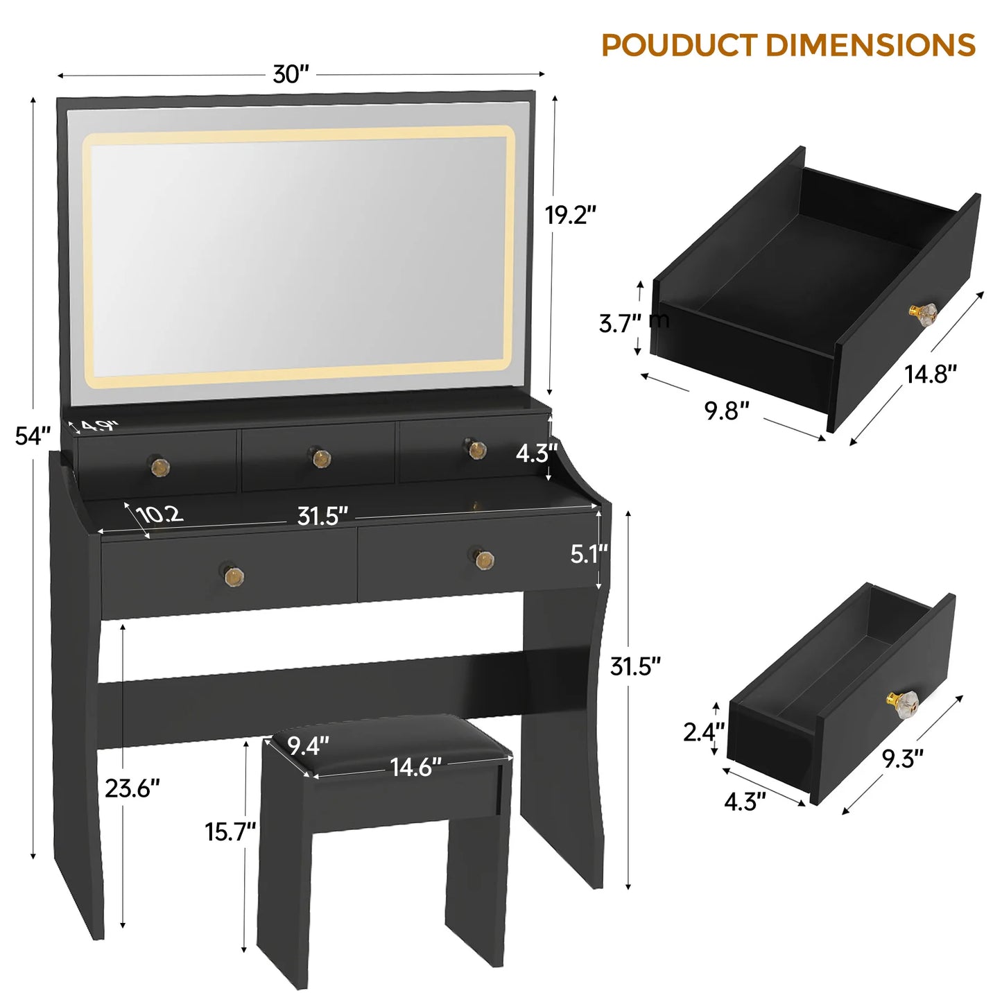 Comhoma Vanity Table and Chair Set with 4 Drawers and Charging Station, Bedroom Dresser Led Mirror Stepless Dimmable