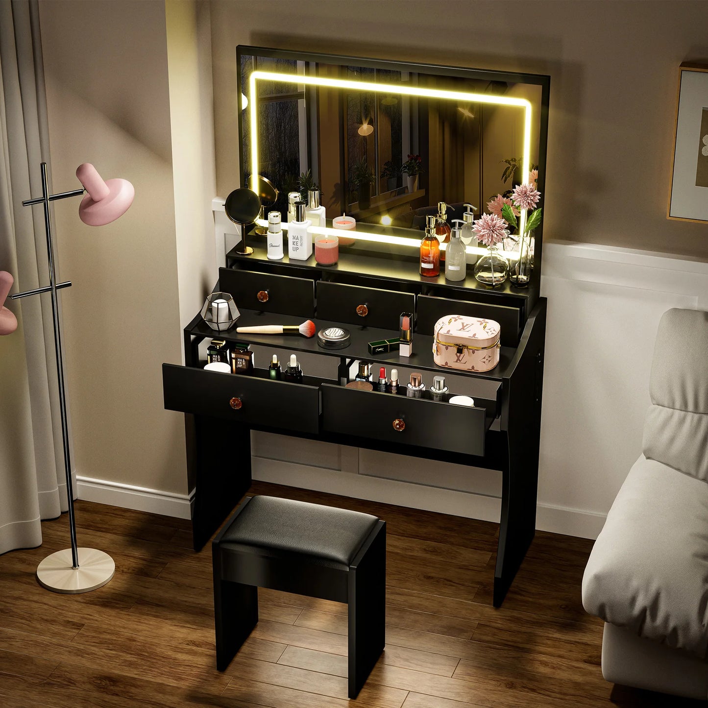 Comhoma Vanity Table and Chair Set with 4 Drawers and Charging Station, Bedroom Dresser Led Mirror Stepless Dimmable