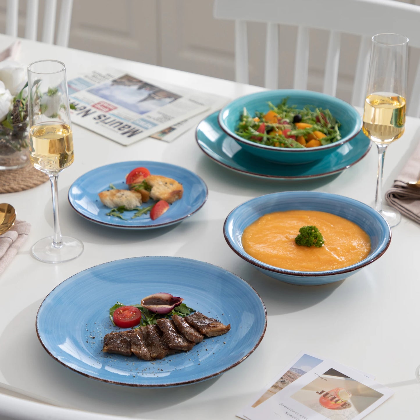 Vancasso BONITA Blue 18/36 Piece Dinnerware Set of Dinner plates, Soup Plates, Dessert Plates Earthenware Service for 12 People