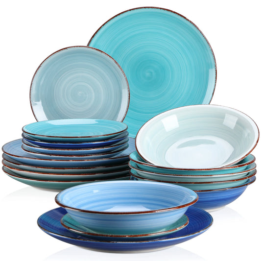 Vancasso BONITA Blue 18/36 Piece Dinnerware Set of Dinner plates, Soup Plates, Dessert Plates Earthenware Service for 12 People