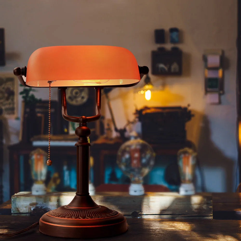 Matted Orange Glass Bankers Desk Lamp with Pull Chain Switch Plug in Fixture living room bedroom bedside study desk lamp