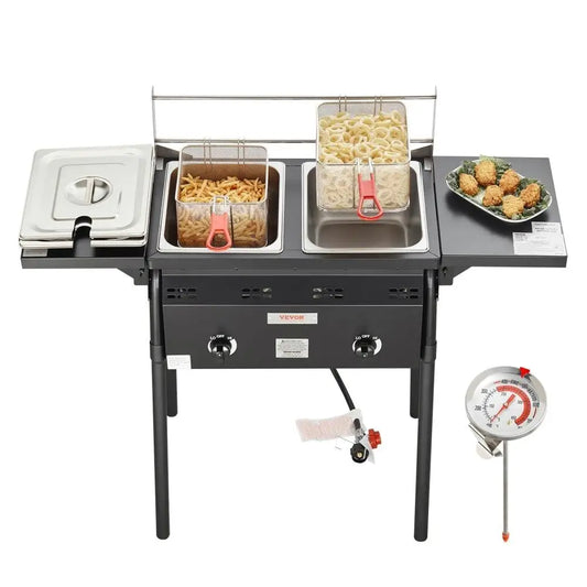 For outdoor Propane Deep Fryer 16 Qt Stainless Steel Double Commercial Fryer with Removable Baskets Lids Tanks