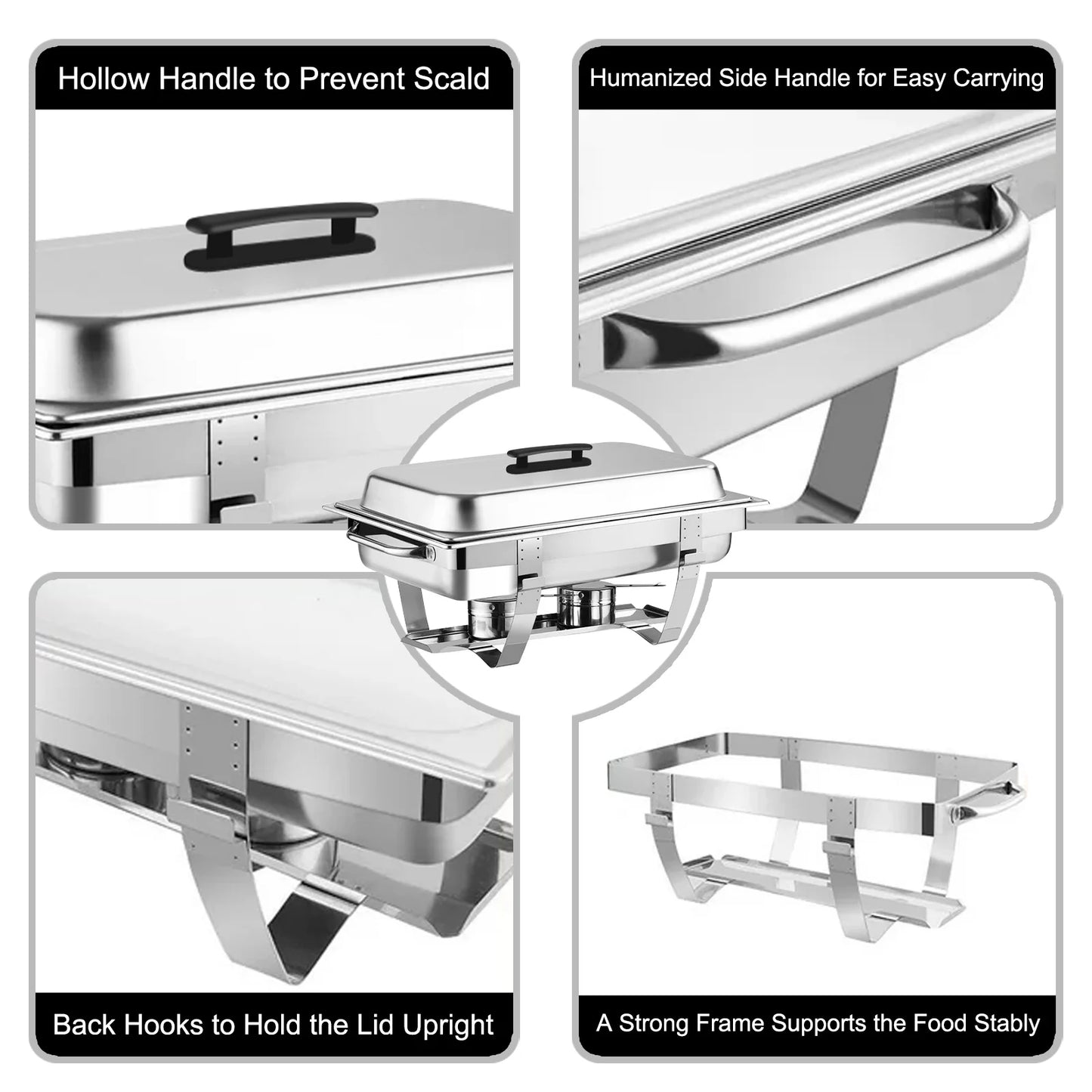 Chafing Dish Buffet Chafer Set 2 Packs 8 Qt. Foldable Rectangular Stainless Steel Chafer Set with 2 Half Size Food Pans