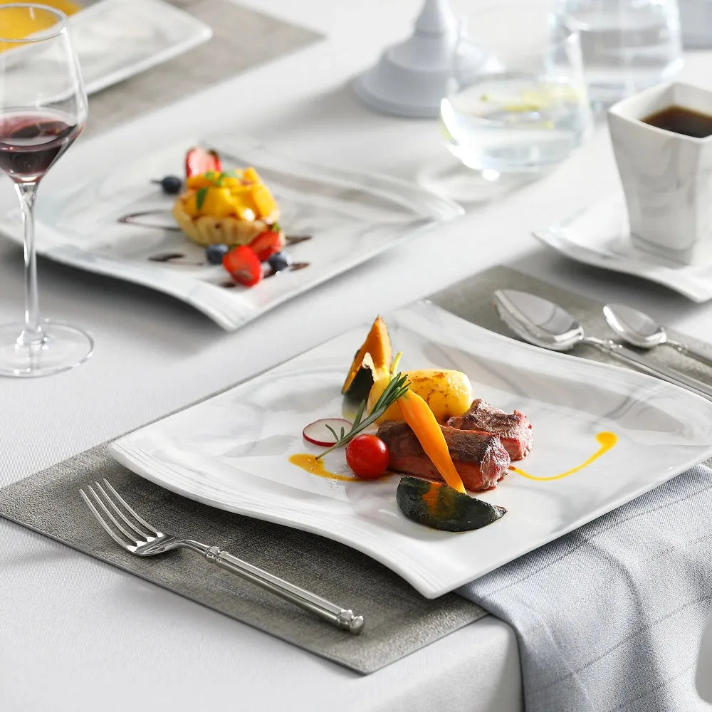 MALACASA FLORA Marble Porcelain Dinnerware Set 30 Piece Tableware with 6PCS Dinner Plate Dessert Plate Soup Plate Cups