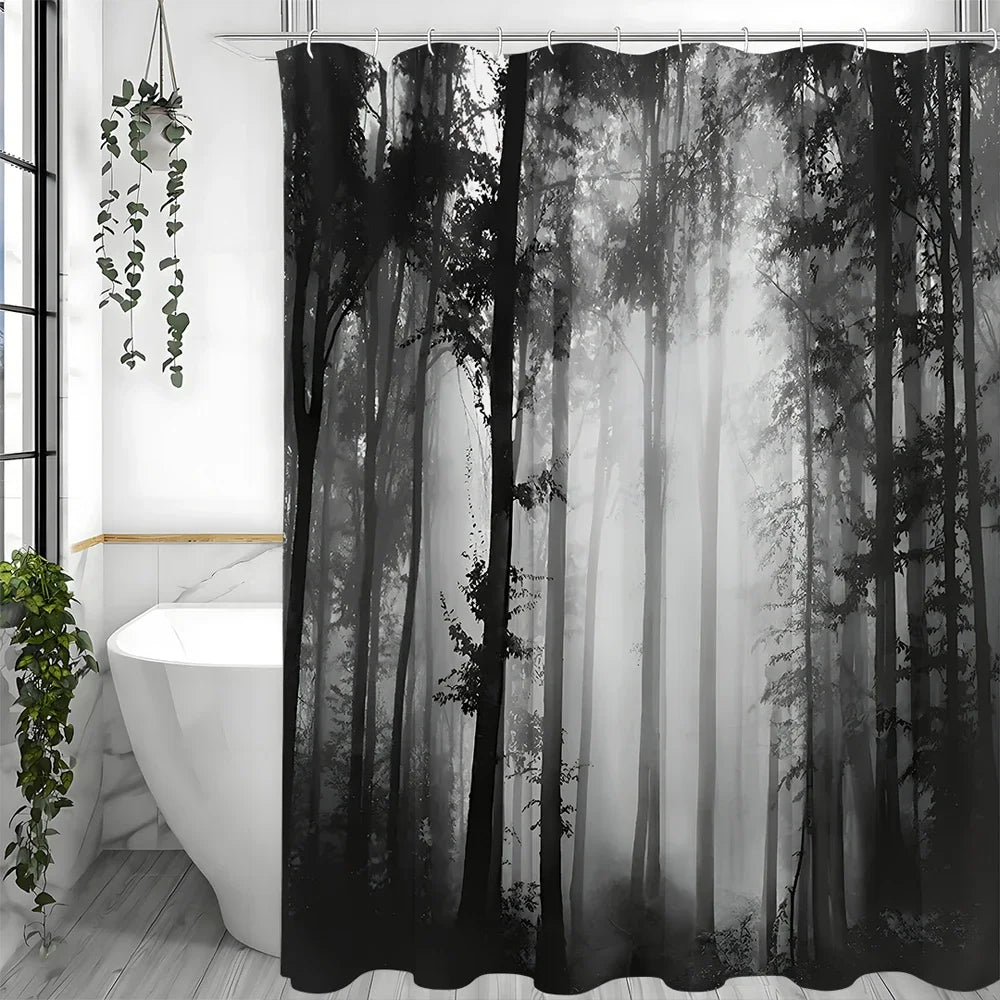 Black Tree Shower Curtain, Black Misty Forest Bathroom Decorative Shower Curtain, Waterproof Shower Curtain with Hooks