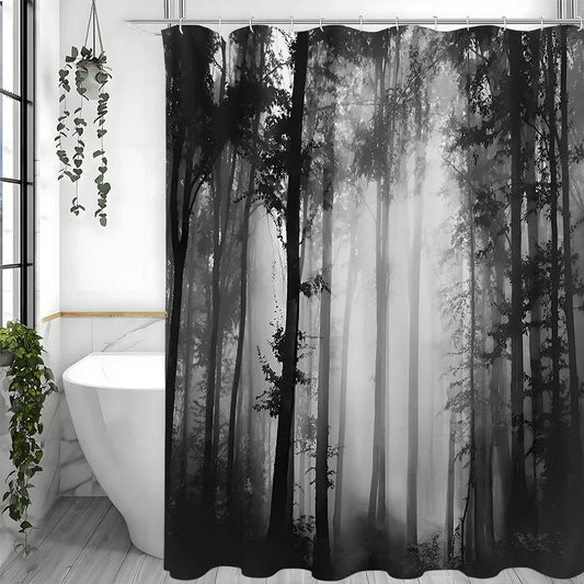 Black Tree Shower Curtain, Black Misty Forest Bathroom Decorative Shower Curtain, Waterproof Shower Curtain with Hooks